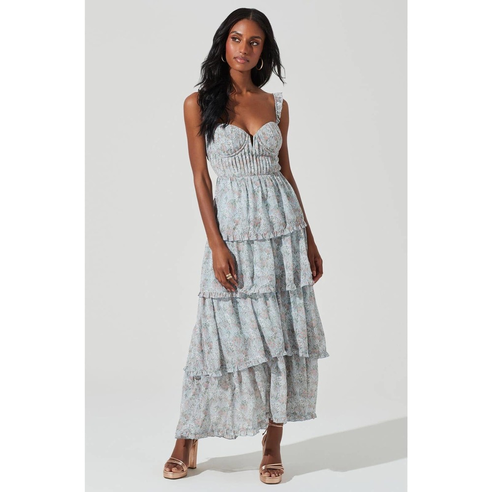 Astr Tiered Maxi Dress in Pale Blue Floral